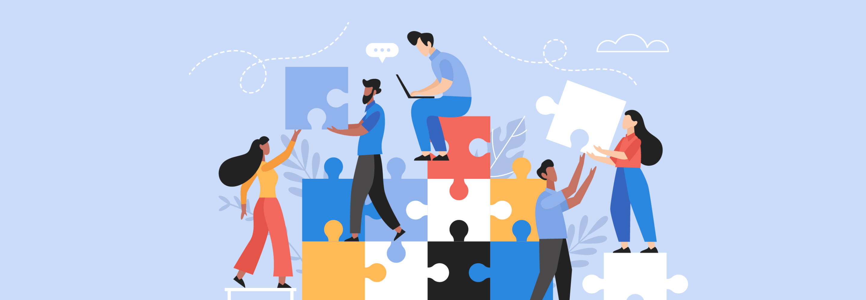 People searching for creative solutions. Teamwork business concept. Modern vector illustration of people connecting puzzle elements
