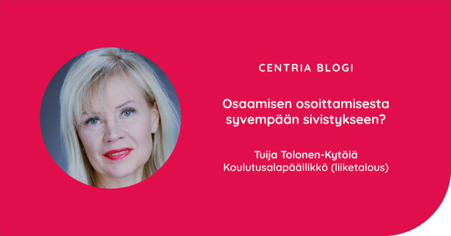 Tuija Tolonen-Kytölän kuva vasemmalla ja blogin otsikko oikealla