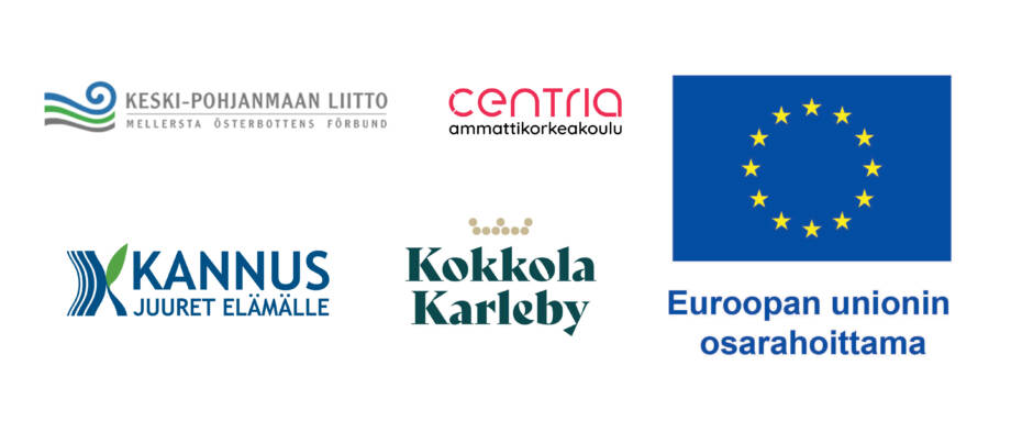 Kuvassa on seuraavien LENTOON-hanketta rahoittaneiden logot:  Euroopan unionin, Keski-Pohjanmaan liiton, Centrian sekä Kannuksen ja Kokkolan kaupungin.