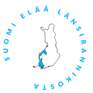Suomen kartta jota ympäröi teksti "Suomi elää Länsirannikosta".