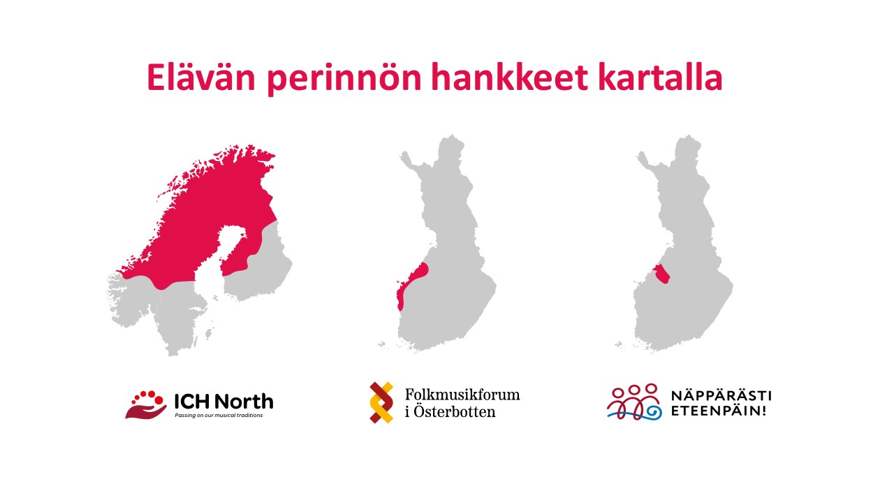 Kartassa on kuva kolmen hankkeen toiminta-alueet; ICH North Suomessa, Ruotsissa ja Norjassa. Folkmusikforum i Österbotten Suomen länsirannikolla. Näppärästi eteenpäin! Keski-Pohjanmaalla.