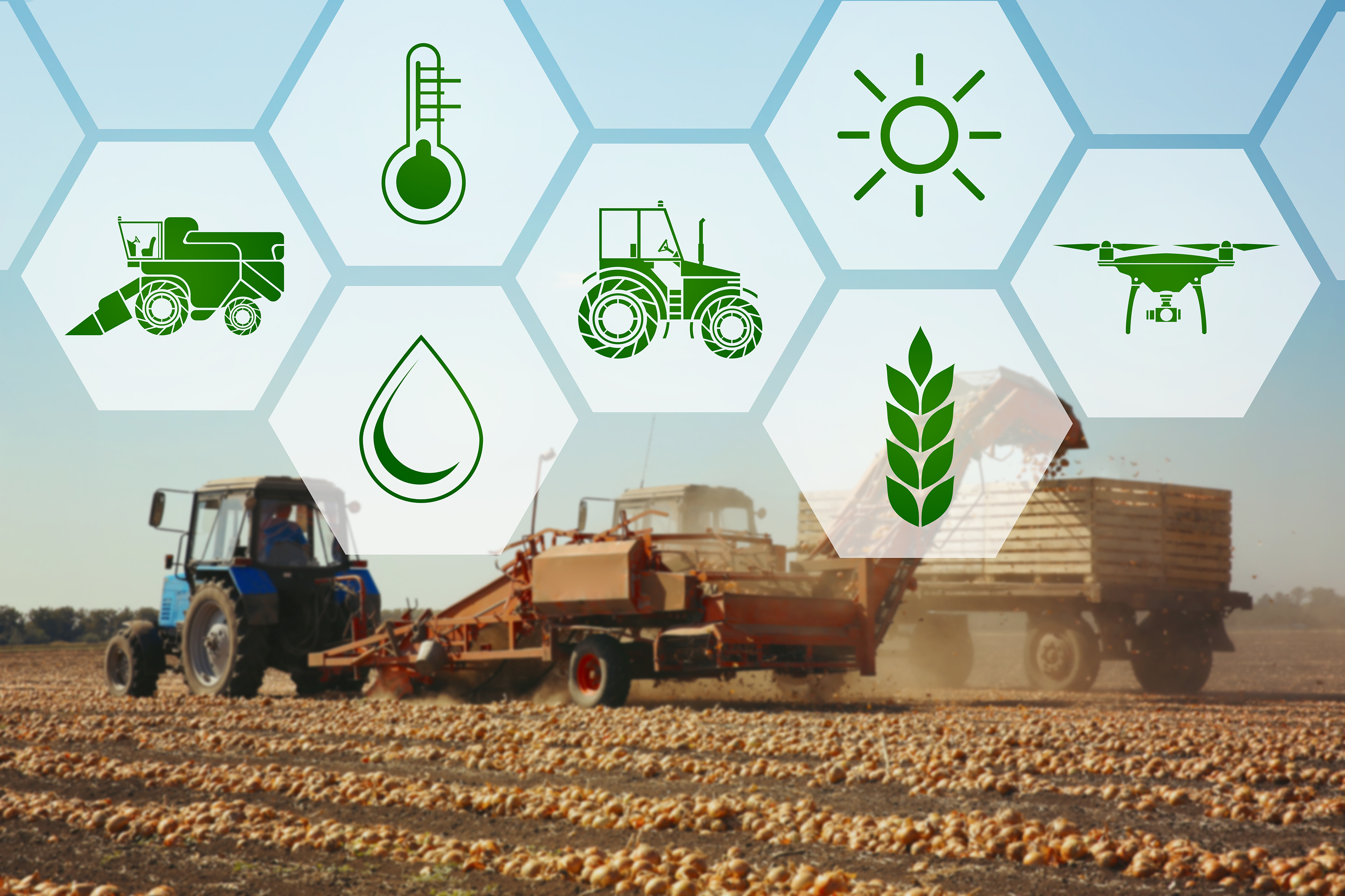 Traktori, puintikone, viljapelto. Vihreitä ikoneja: traktori, vesipisara, puintikone, lämpömittari, aurinko, viljantähkä, drone.