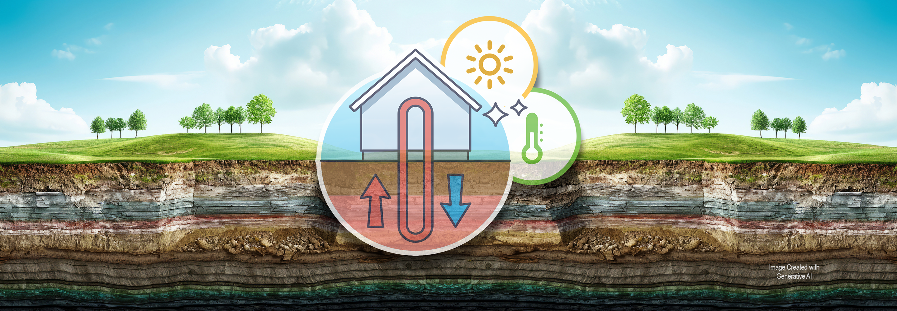 Blue sky, clouds. Cross-section of the layers of soil. An icon with a house, red arrow representing heat circulation from the ground. An icon of the sun. An icon of temperature.