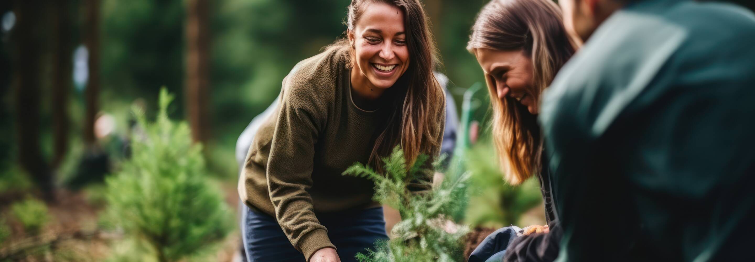 Volunteering. Young people volunteers outdoors reforestation. Man and woman planting trees in the forest or working in community garden.
