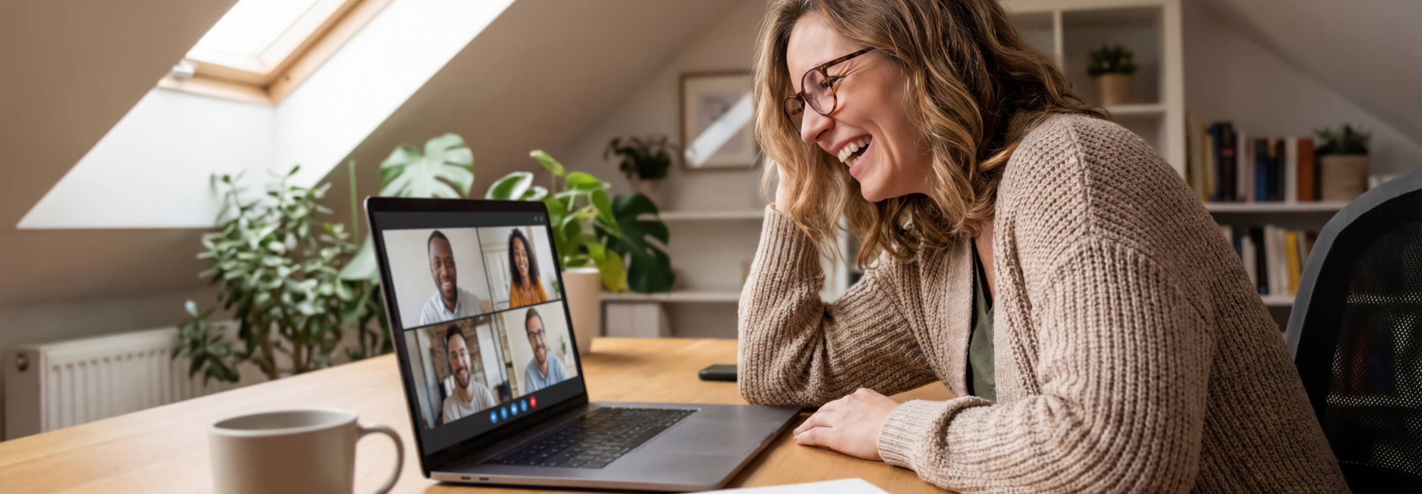 Woman attends a remote video meeting from her cozy home office, engaging with teammates on screen, reflecting modern hybrid work culture.