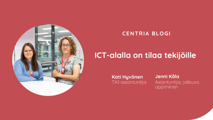 Kuvassa blogin kirjoittajat poseeraavat pöydän äärellä kameralle hymyillen. Kuvassa myös blogin otsikko ja kirjoittajien tittelit ja nimet.
