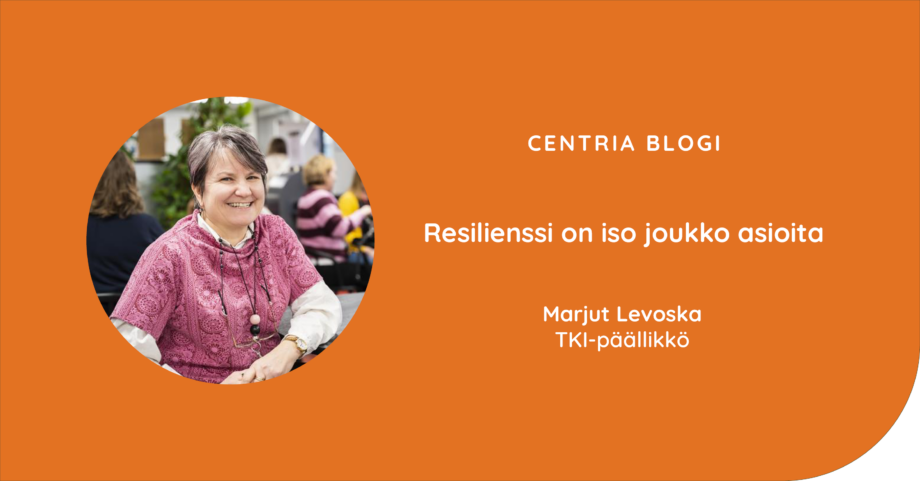 Kuvassa Marjut Levoska Centrian sisätiloissa kuvattuna. Kuvassa myös hänen bloginsa otsikko.