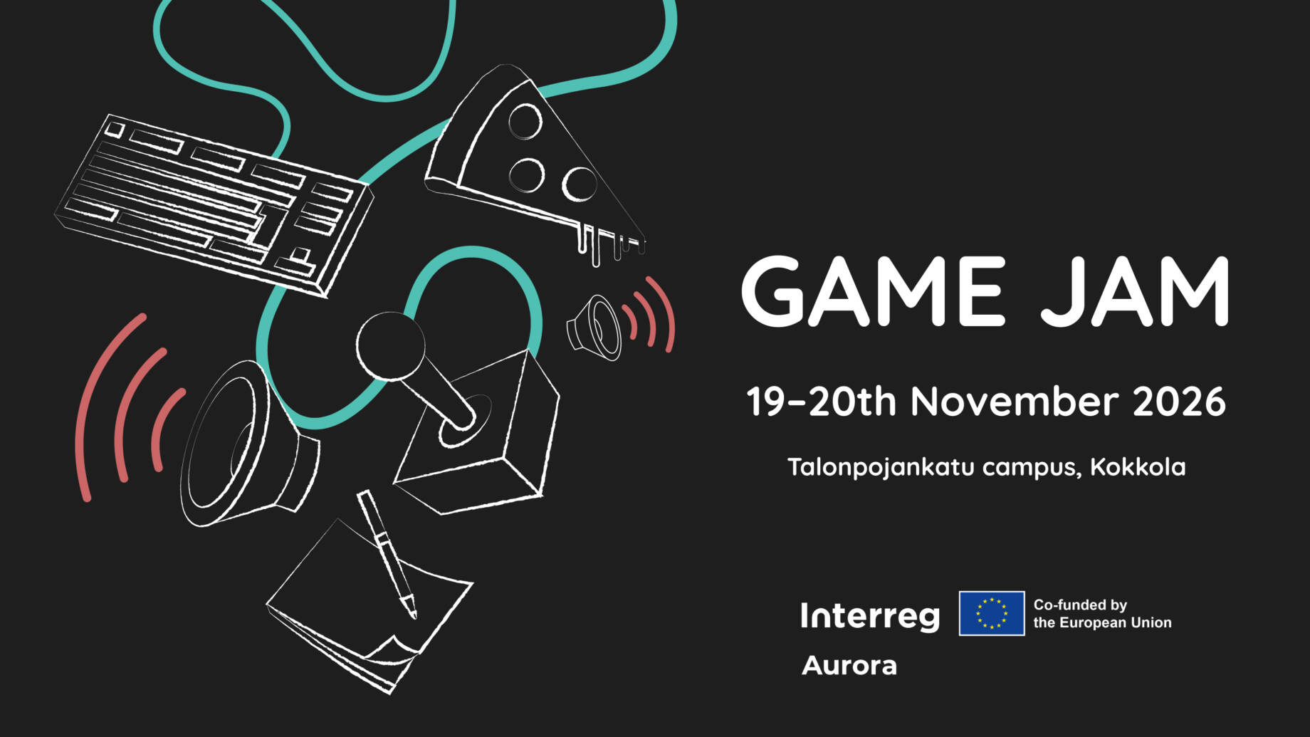 Gamejam. Näppäimistö, joystick, kaiutin mustalla pohjalla