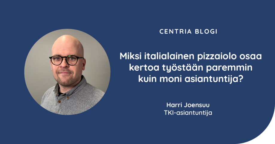 Kuvassa on blogiartikkelin kirjoittajan, TKI-asiantuntija Harri Joensuun profiilikuva sekä blogiartikkelin otsikko.