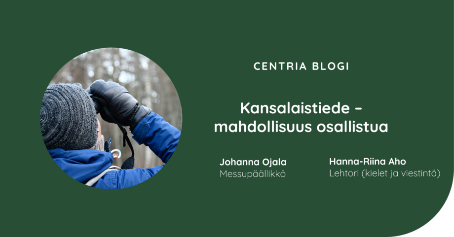 Kuvassa on lintuja kiikaroiva henkilö selin kameraan sekä blogiartikkelin otsikko.